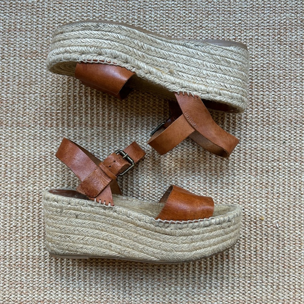 Soludos Brown Leather Platform Espadrille Wedges in Size 9